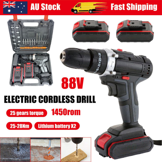 88V BRUSHLESS HEAVY DUTY CORDLESS DRILL IMPACT DRIVER KIT HAMMER +2 BATTERY Box